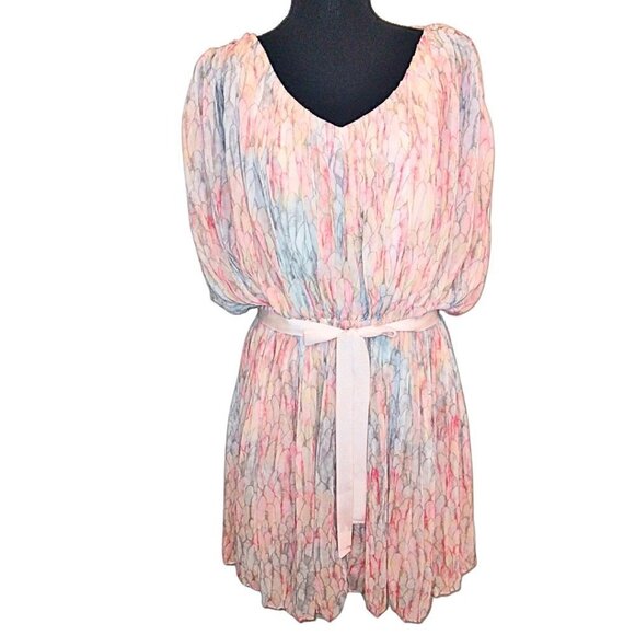 JESSICA SIMPSON PINK & GRAY PLEATED CHIFFON DRESS WITH PINK RIBBON BELT - Picture 1 of 6